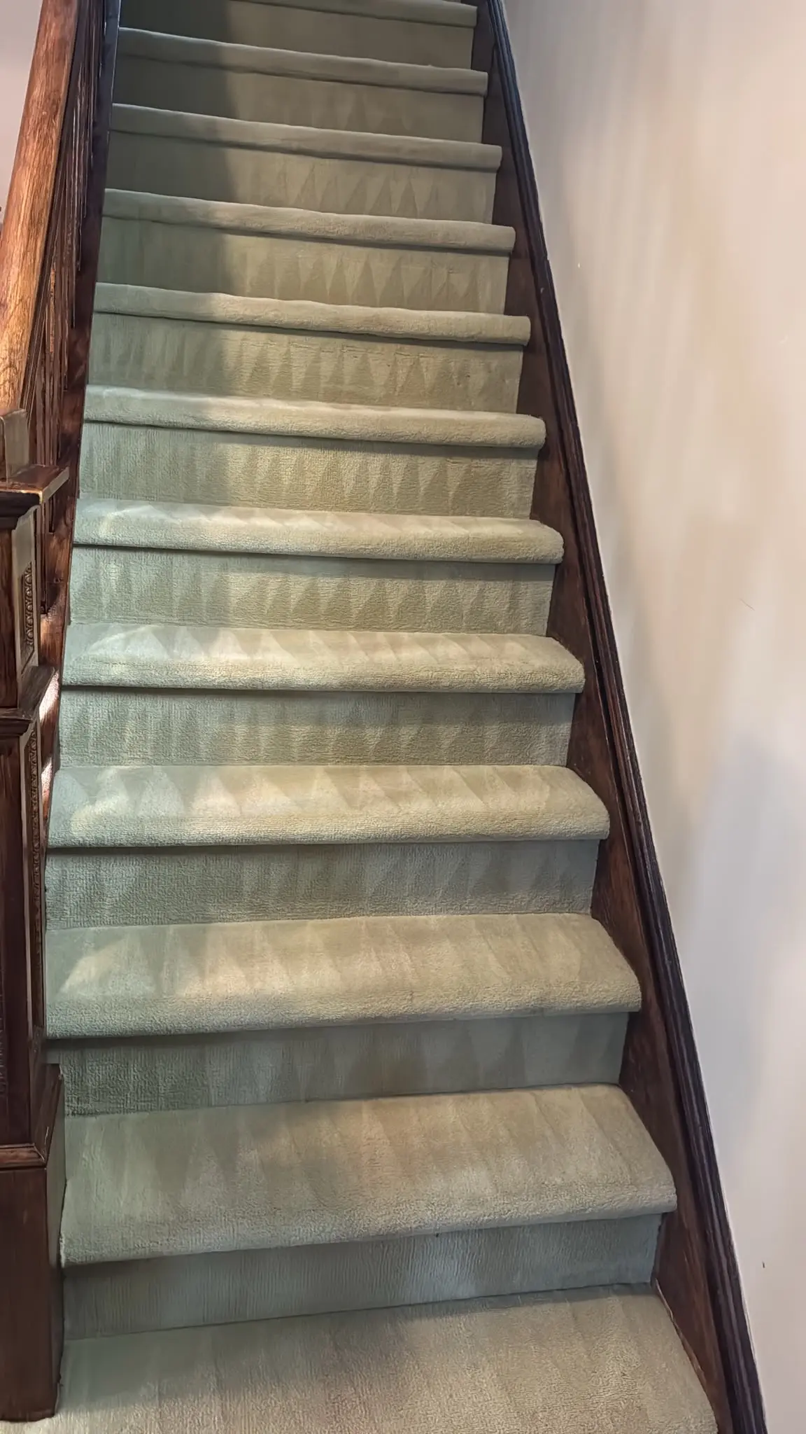 Full carpeted staircase with clean, even extraction lines after KC Pro Cleaning service